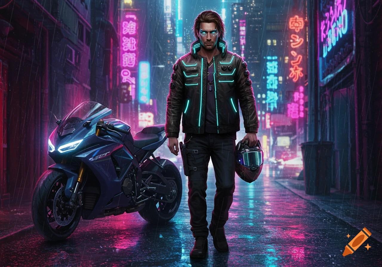 A man in a cyberpunk jacket with glowing lines holds a helmet while standing next to a dark blue motorcycle on a rainy, neon-lit city street.