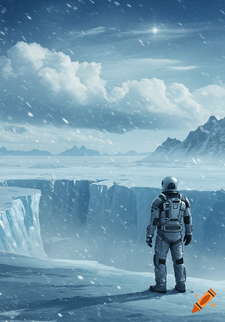 Astronaut stands on a snowy cliff, looking at a vast icy landscape with mountains under a cloudy sky.