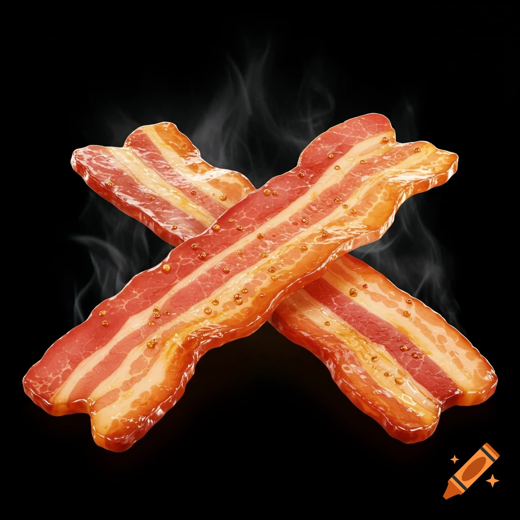 Two photorealistic slices of cooked bacon criss-crossing with steam against a black background.