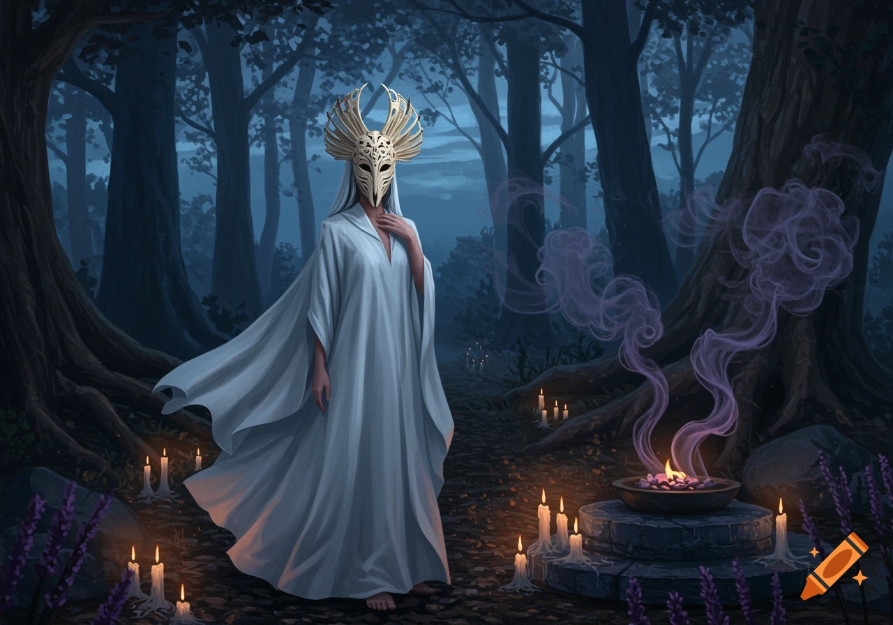 A masked priestess in a flowing white robe stands in a dark forest amidst candles and purple smoke from a ritual. Digital art.