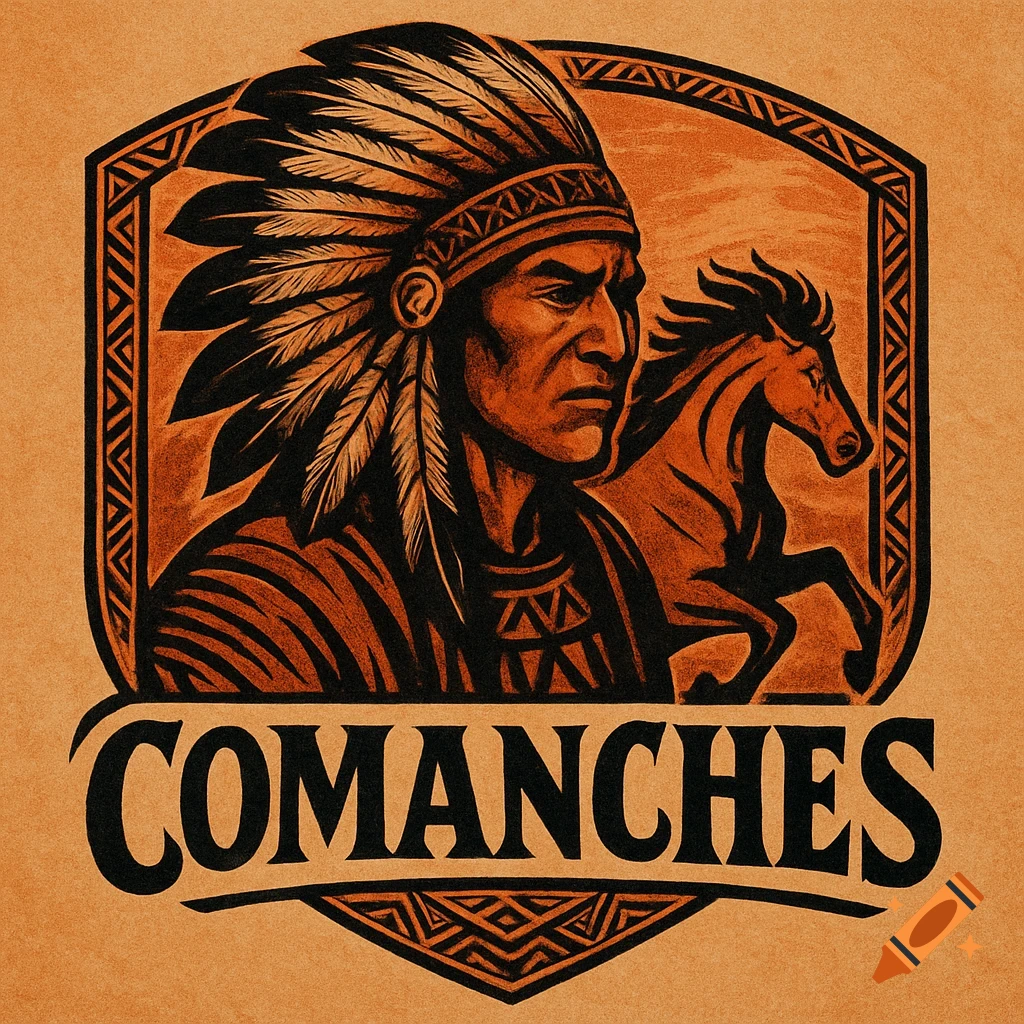 A vintage-style logo featuring a Native American chief in a headdress and a horse, with the word 'COMANCHES' below, in an orange and black palette.