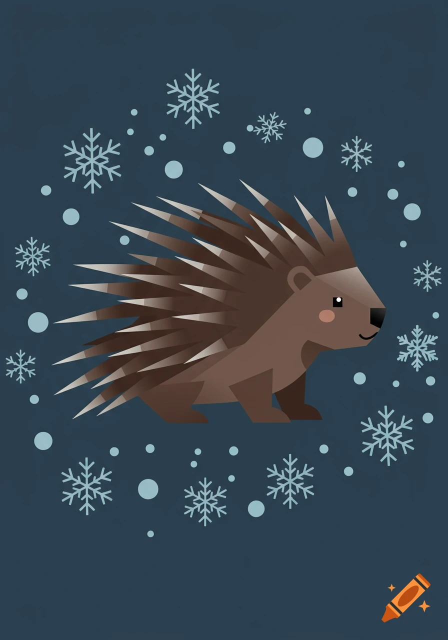 A cute, stylized brown porcupine with quills standing in a winter scene with light blue snowflakes and dots on a dark blue background.