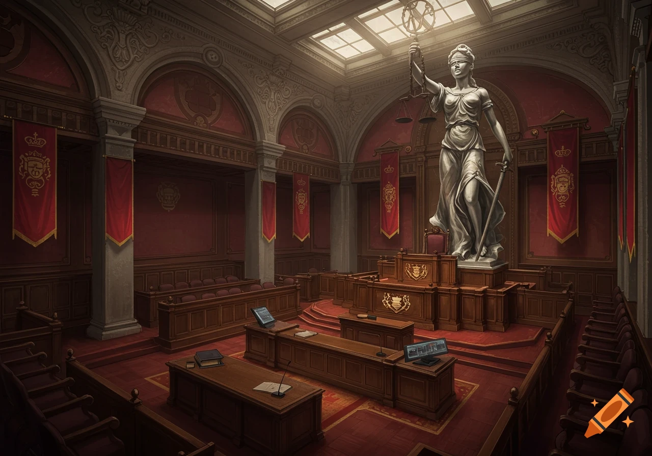 A detailed, realistic depiction of a grand courtroom with a giant Lady Justice statue, elaborate judge's bench, red banners, and modern screens.