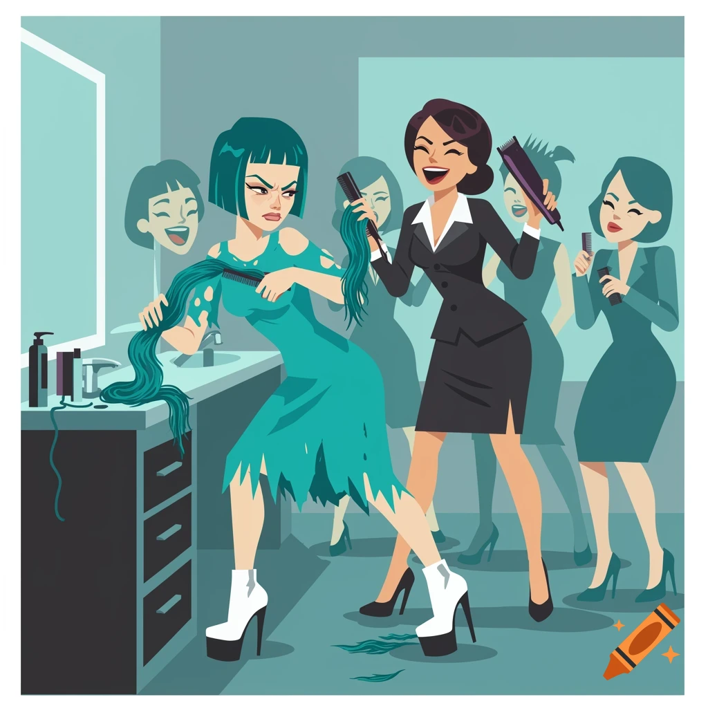 A stylized illustration of a woman in a torn teal dress with short hair, grimacing while holding her long teal hair, as a laughing businesswoman cuts it with clippers, surrounded by other jeering women.