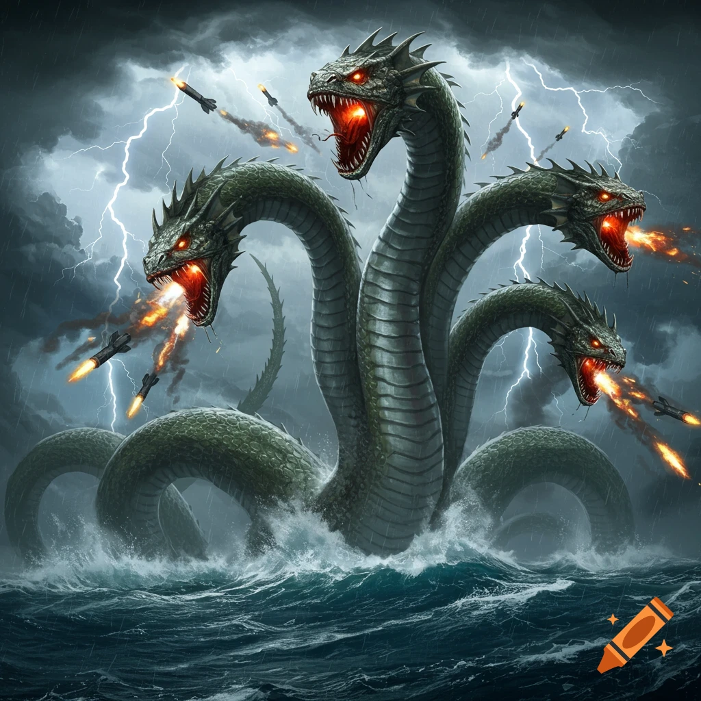 A multi-headed green hydra emerges from stormy seas with lightning, spitting fire and surrounded by missiles.
