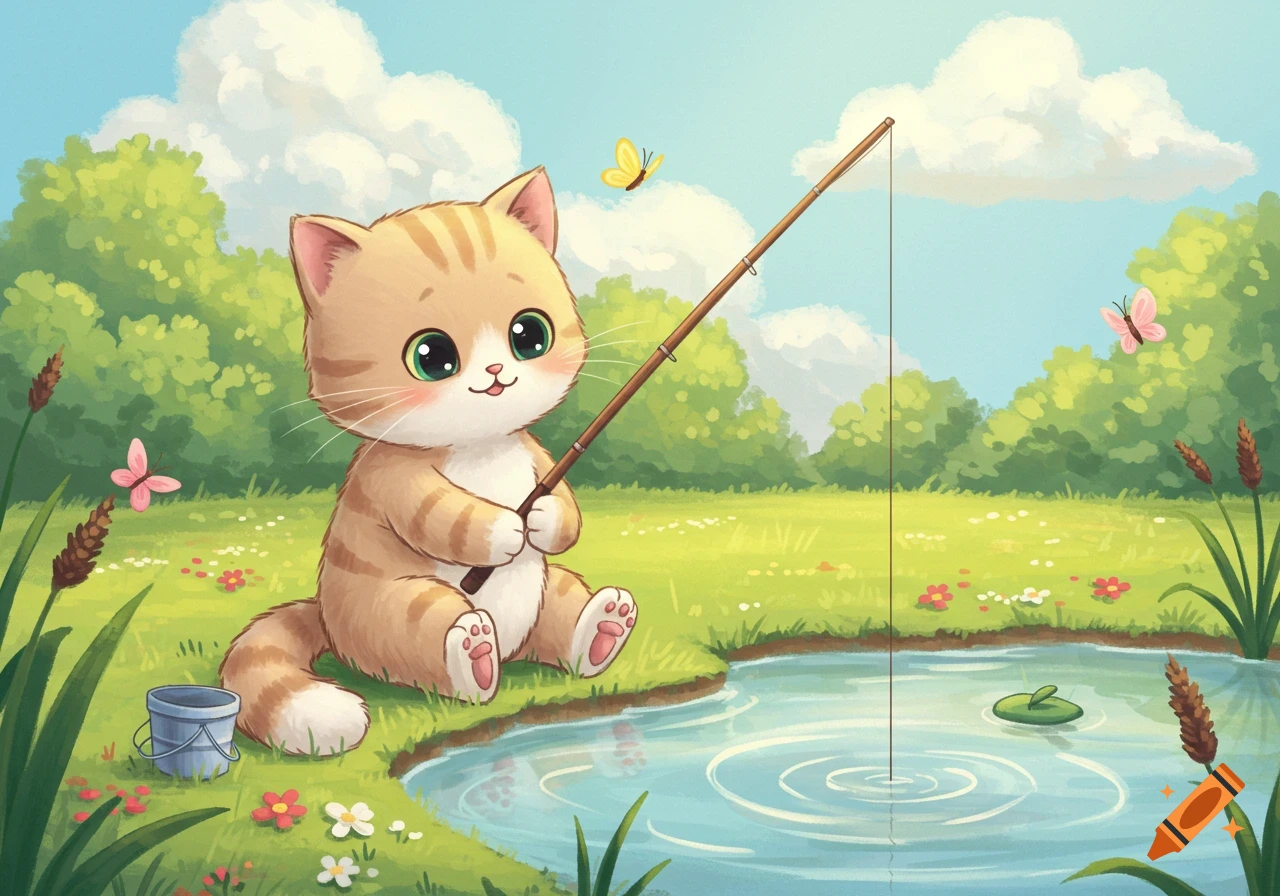 A cute cartoon ginger tabby cat with big green eyes sits by a pond, holding a fishing pole, with butterflies and flowers in a vibrant green landscape.