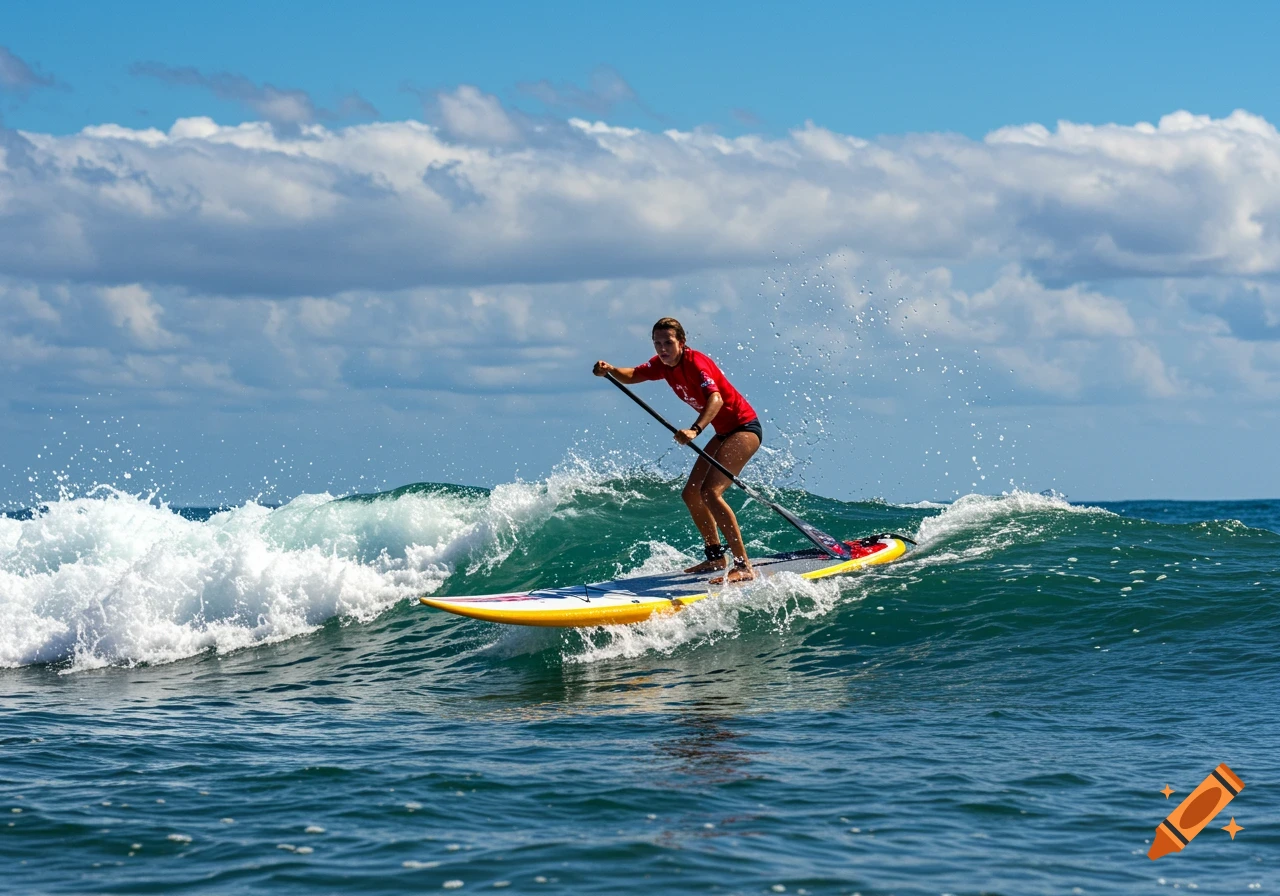A woman on a yellow and blue standup paddleboard paddles through a wave in the ocean under a blue sky.