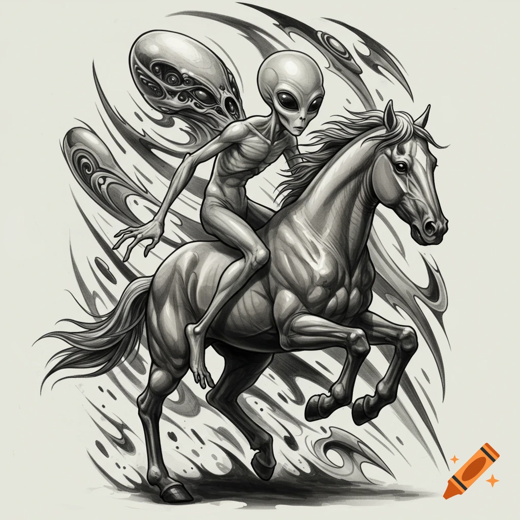 A black and gray tattoo style illustration of a skeletal alien with large eyes riding piggyback on a horse with abstract swirl elements.