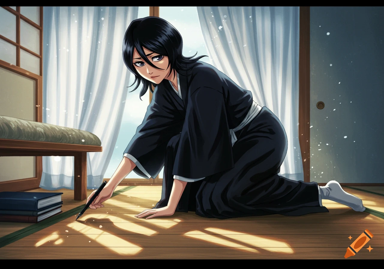 Rukia from Bleach kneels on a tatami mat in a traditional room, holding a pen as sunlight streams through shoji screens.