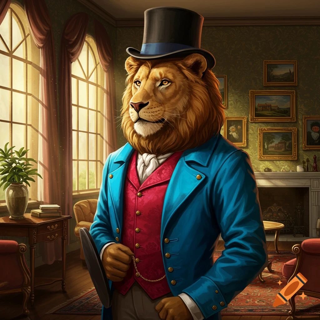An anthropomorphic lion, dressed as a 19th-century dandy in a blue jacket, red vest, and top hat, stands in a stately room.
