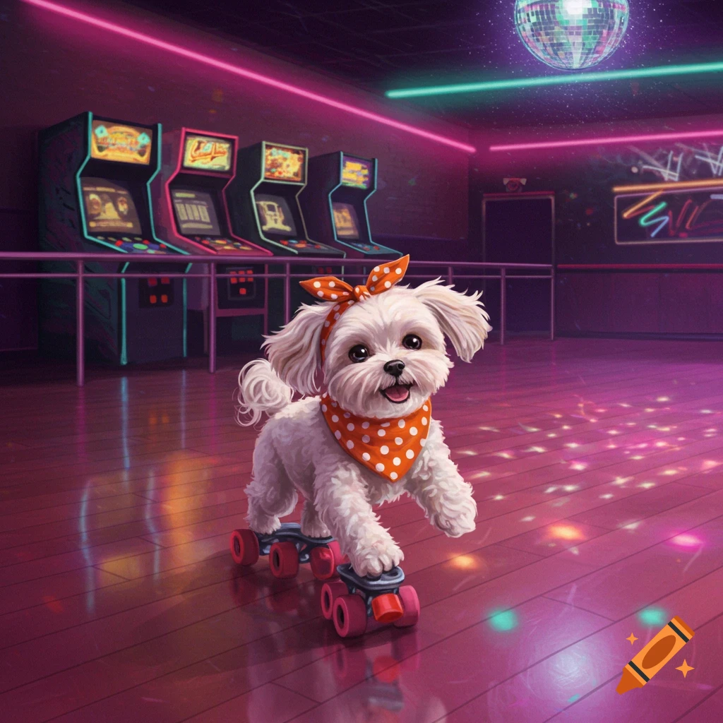 A cute white dog wearing an orange polka dot bandana and roller skates in an 80s style roller rink with arcade machines and neon lights.