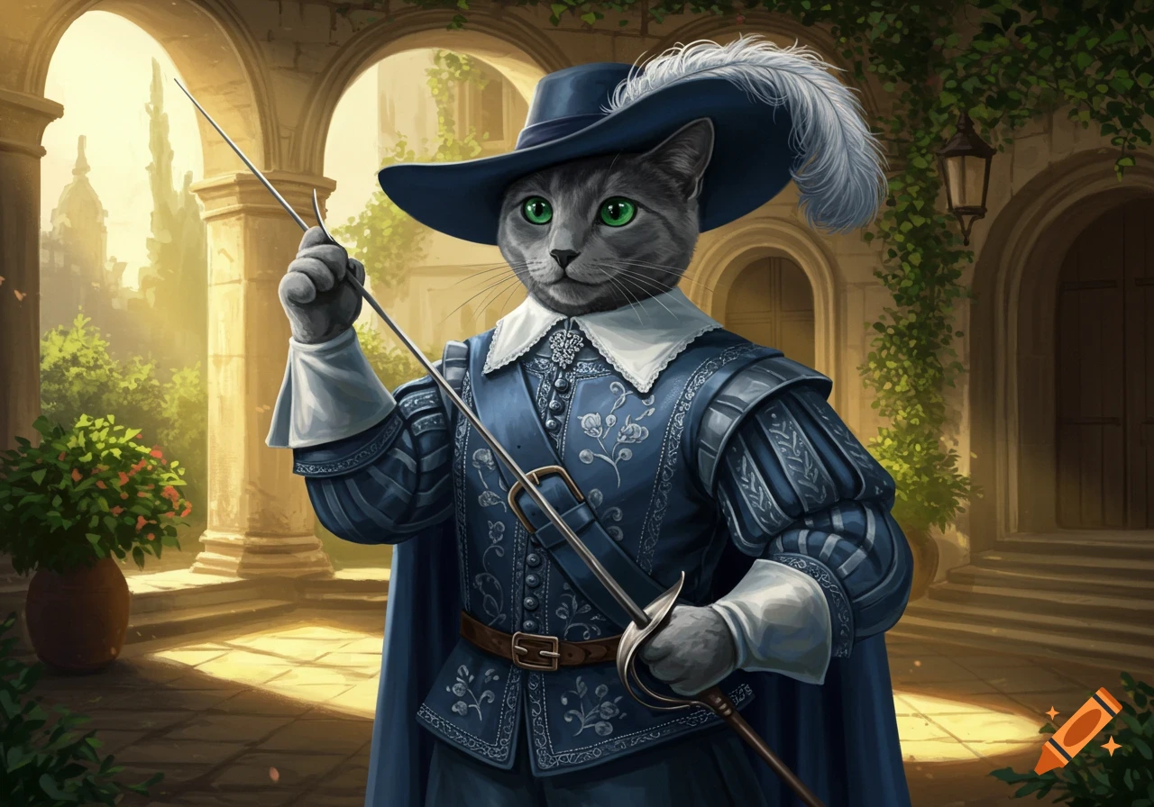 A grey cat in a blue 16th-century musketeer uniform with a feathered hat holds a rapier in a sunlit courtyard.