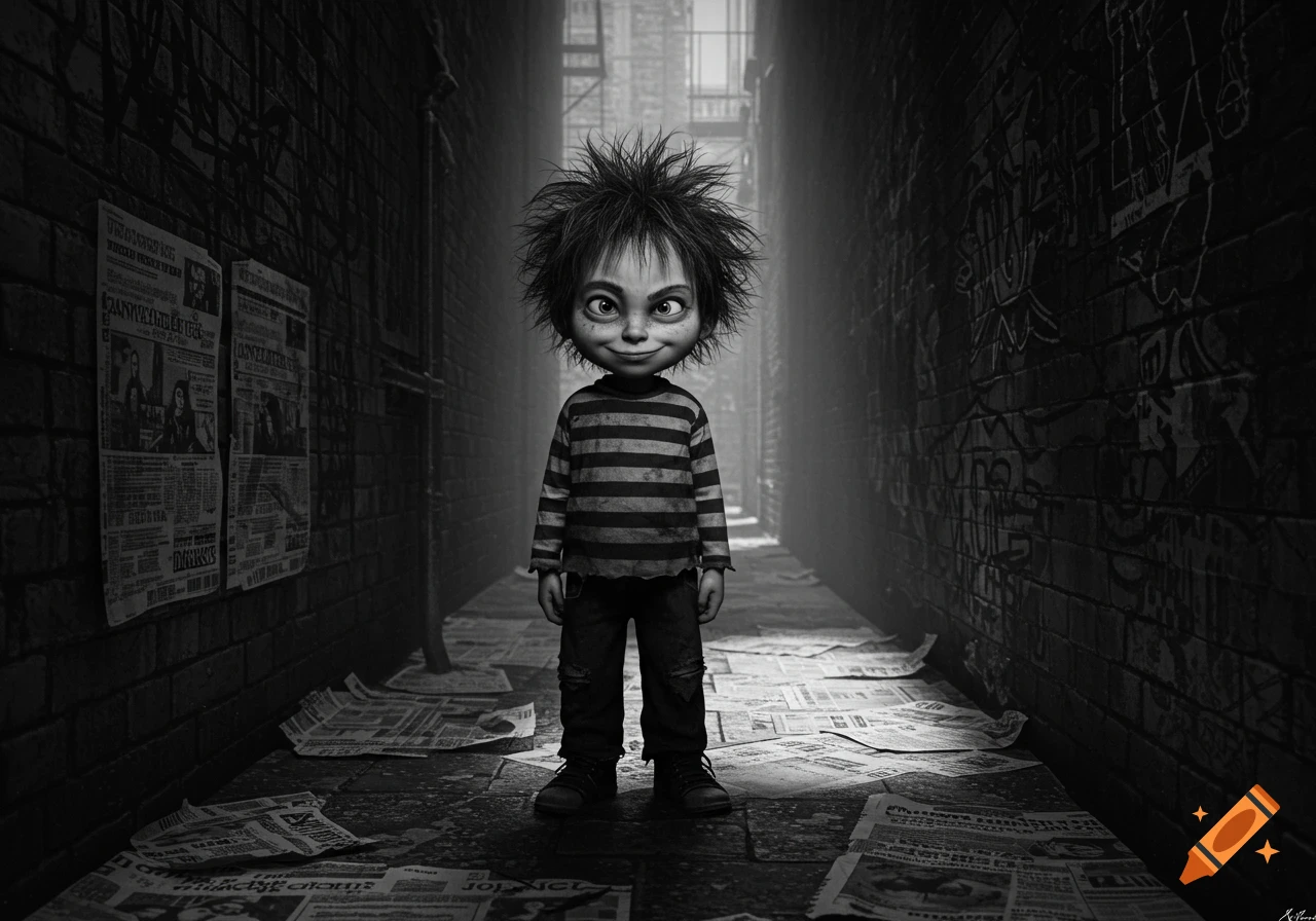 A stylized, wide-eyed, disheveled child in a striped shirt and ripped pants stands in a dark, narrow alley littered with newspapers and graffiti, rendered in black and white.