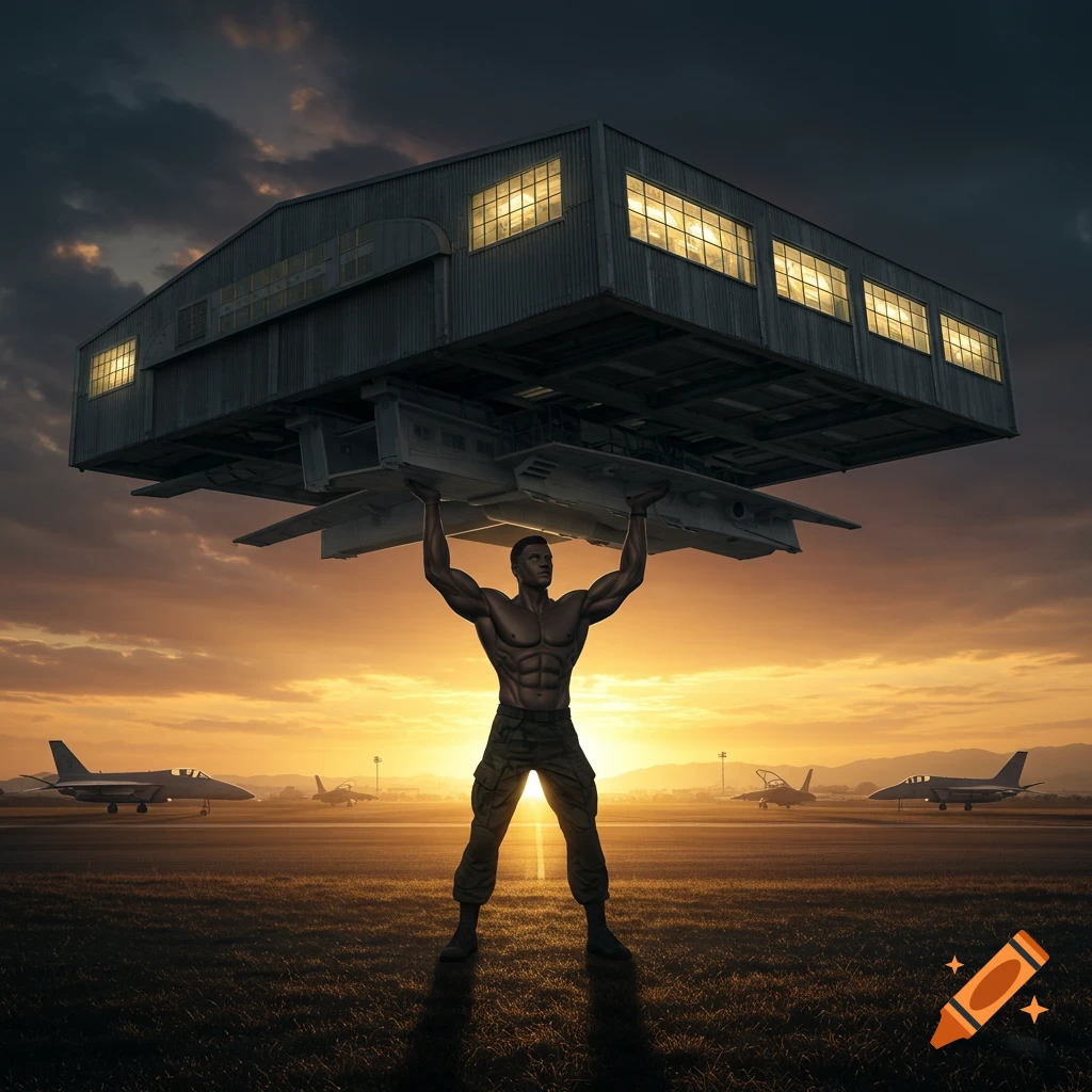 A muscular military member lifts a large aircraft hangar over his head on an airfield with jets at sunset in a photorealistic style.