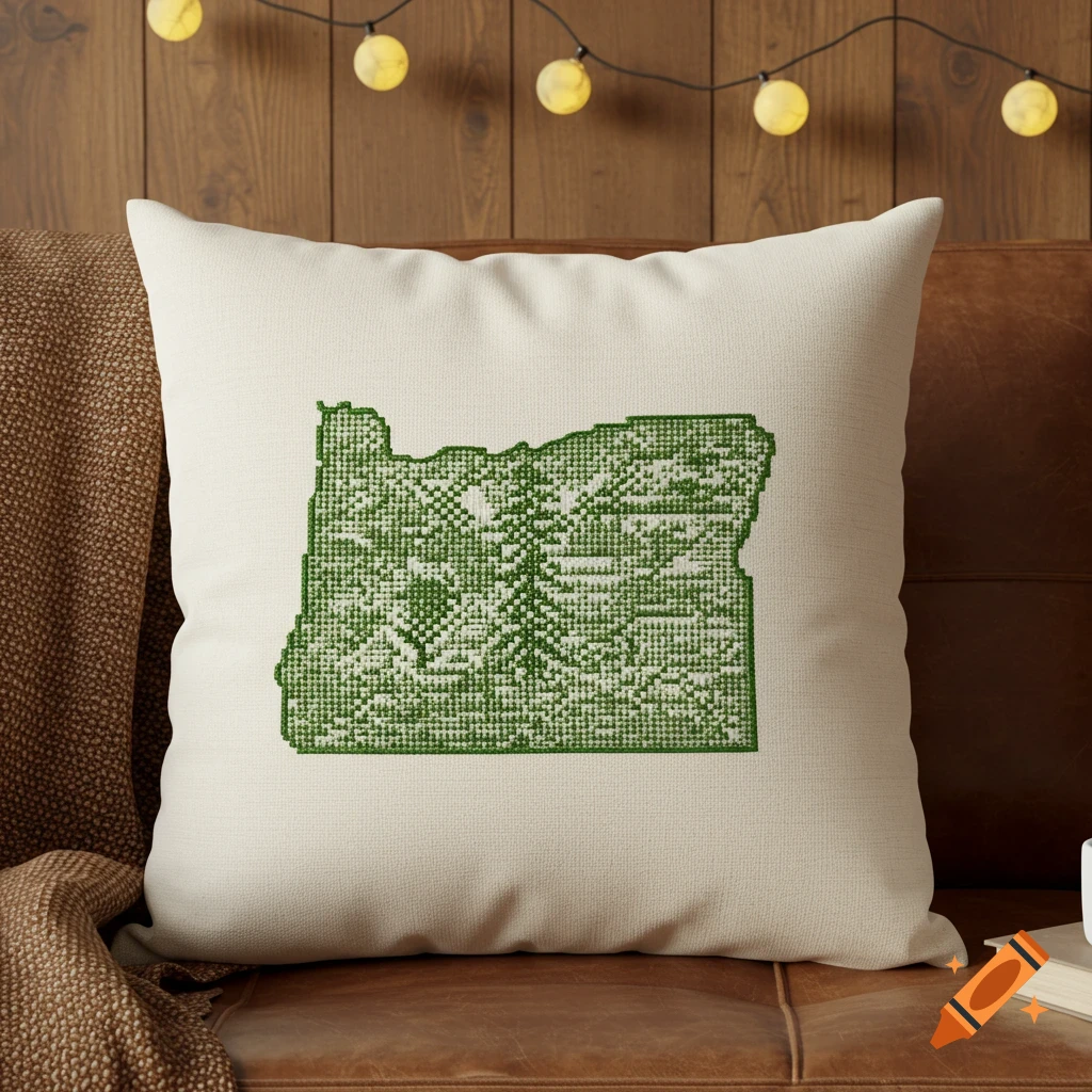 A cream-colored cross-stitch pillow on a brown leather couch, featuring a green outline of the state of Oregon.