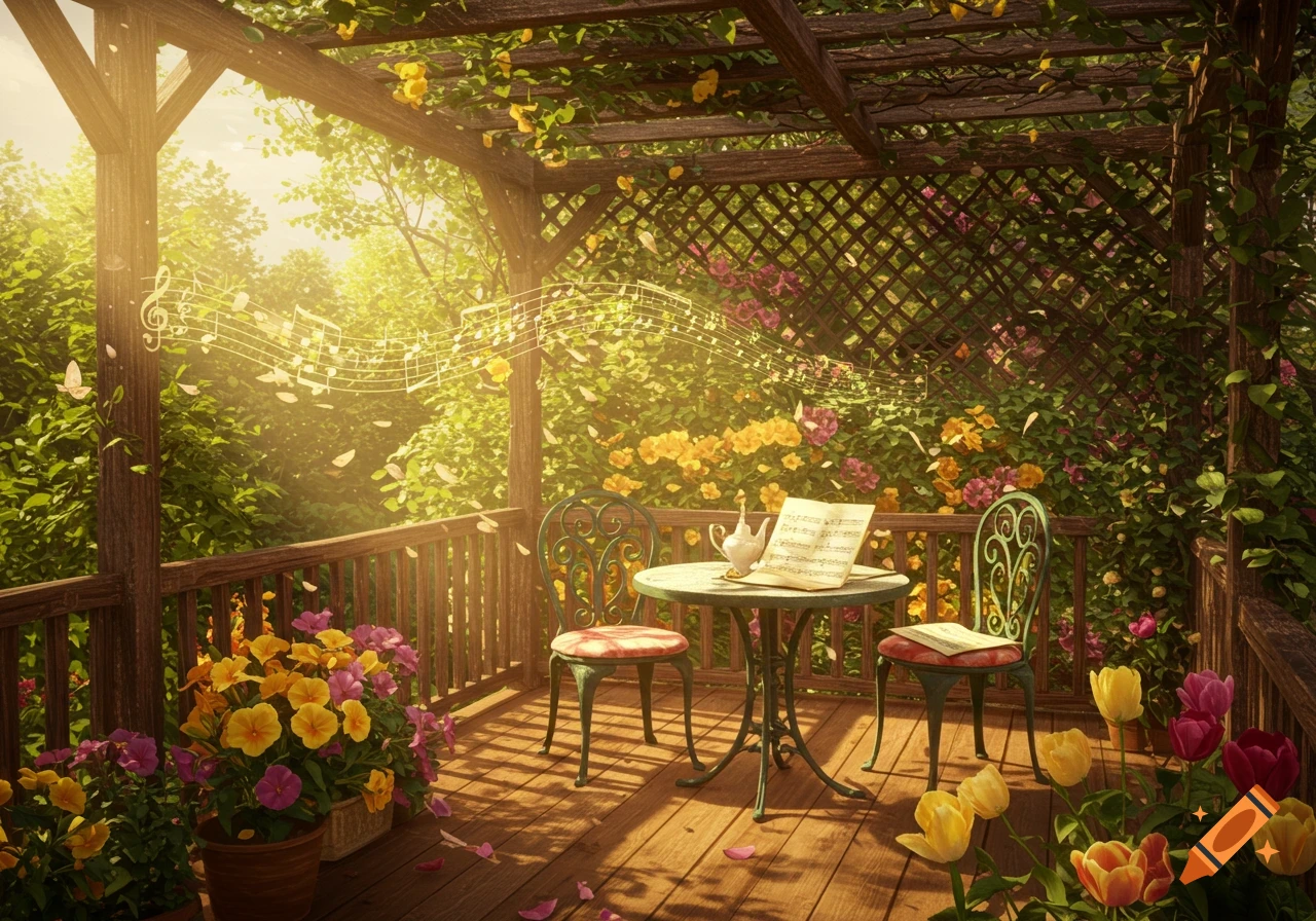 A sunny garden patio with a table, two chairs, potted flowers, and glowing musical notes floating in the air.