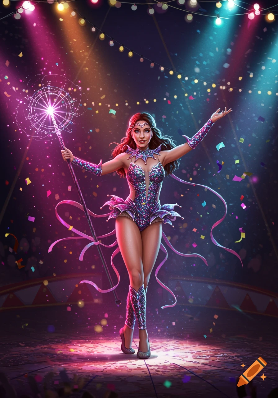A vibrant female circus performer or magician on stage, holding a glowing staff amidst confetti and spotlights.
