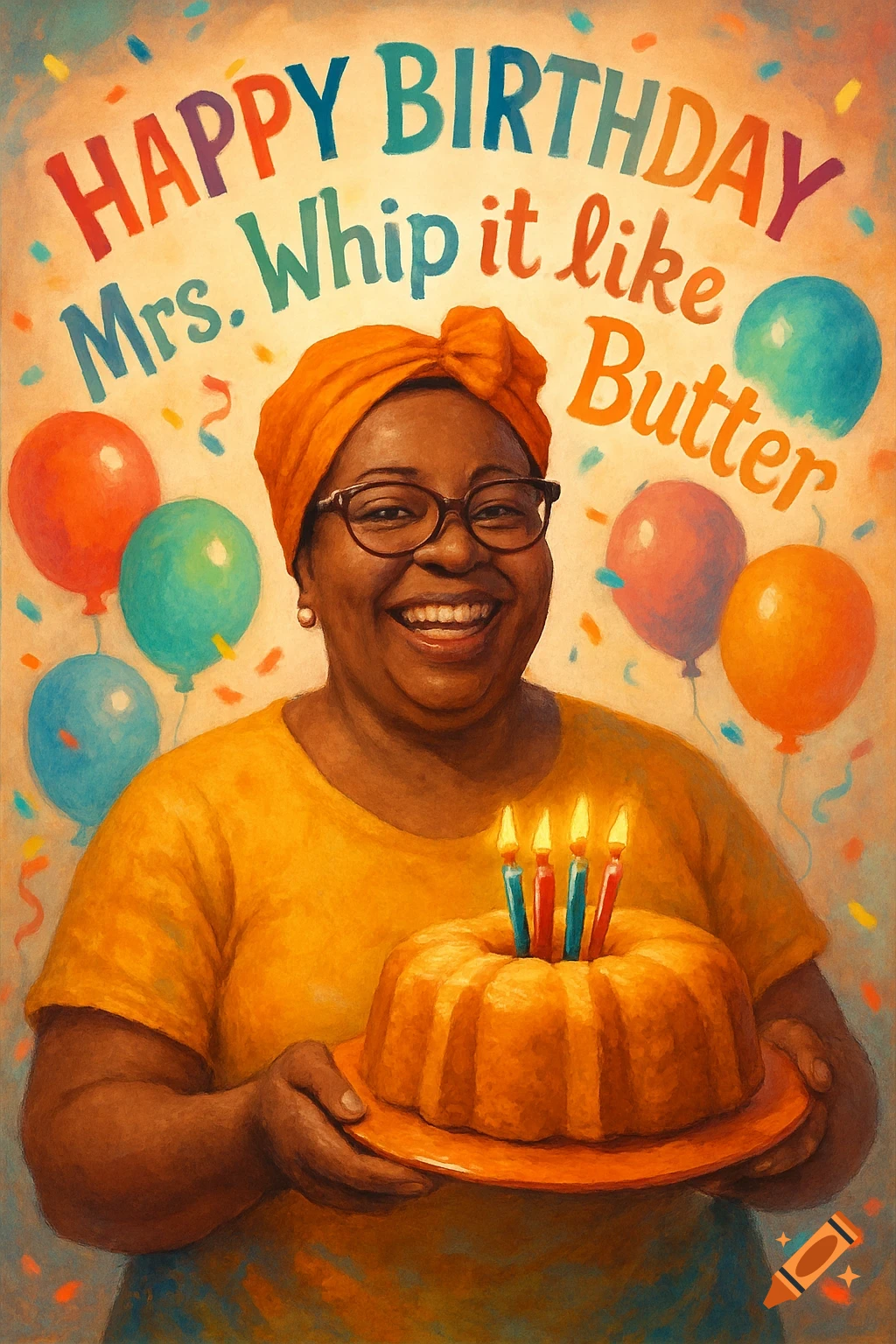 A smiling Black woman in an orange headscarf holds a bundt cake with candles. Colorful balloons, confetti, and "HAPPY BIRTHDAY Mrs. Whip it like Butter" text in a painterly style.