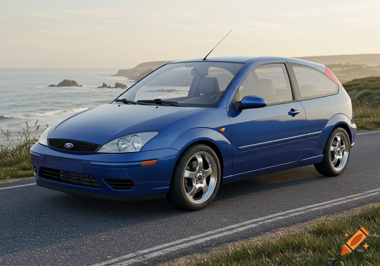 A blue 2003 Ford Focus hatchback parked on a coastal road overlooking the ocean at sunset, in a photorealistic style.