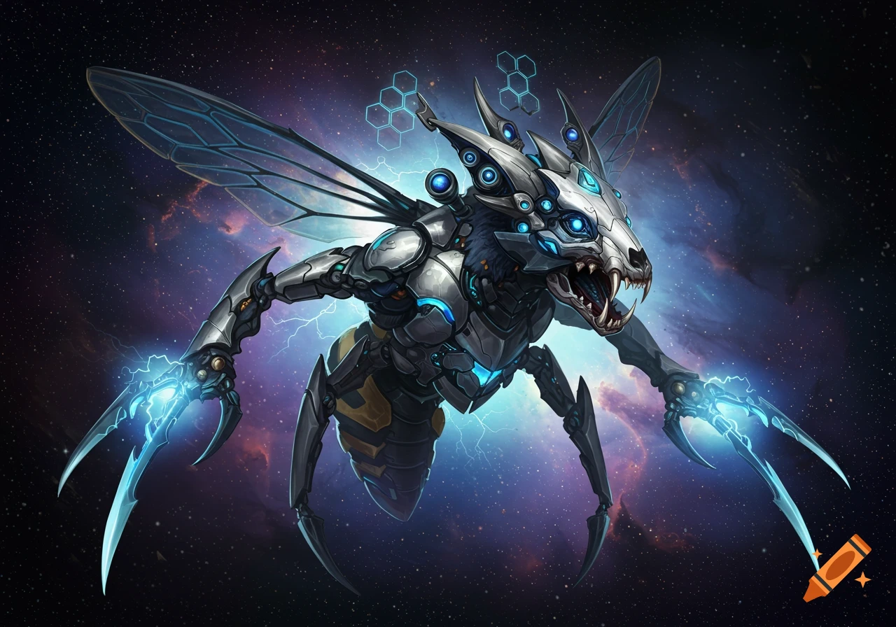 A futuristic, mechanical wolf-bee creature with glowing blue eyes and claws, set against a backdrop of stars and nebulas.
