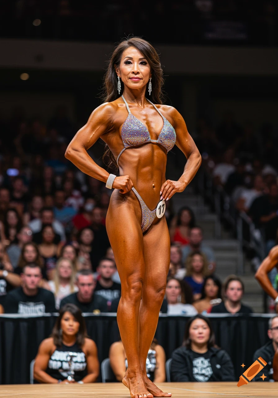 A female bodybuilder in a sparkly bikini poses on stage at a competition.