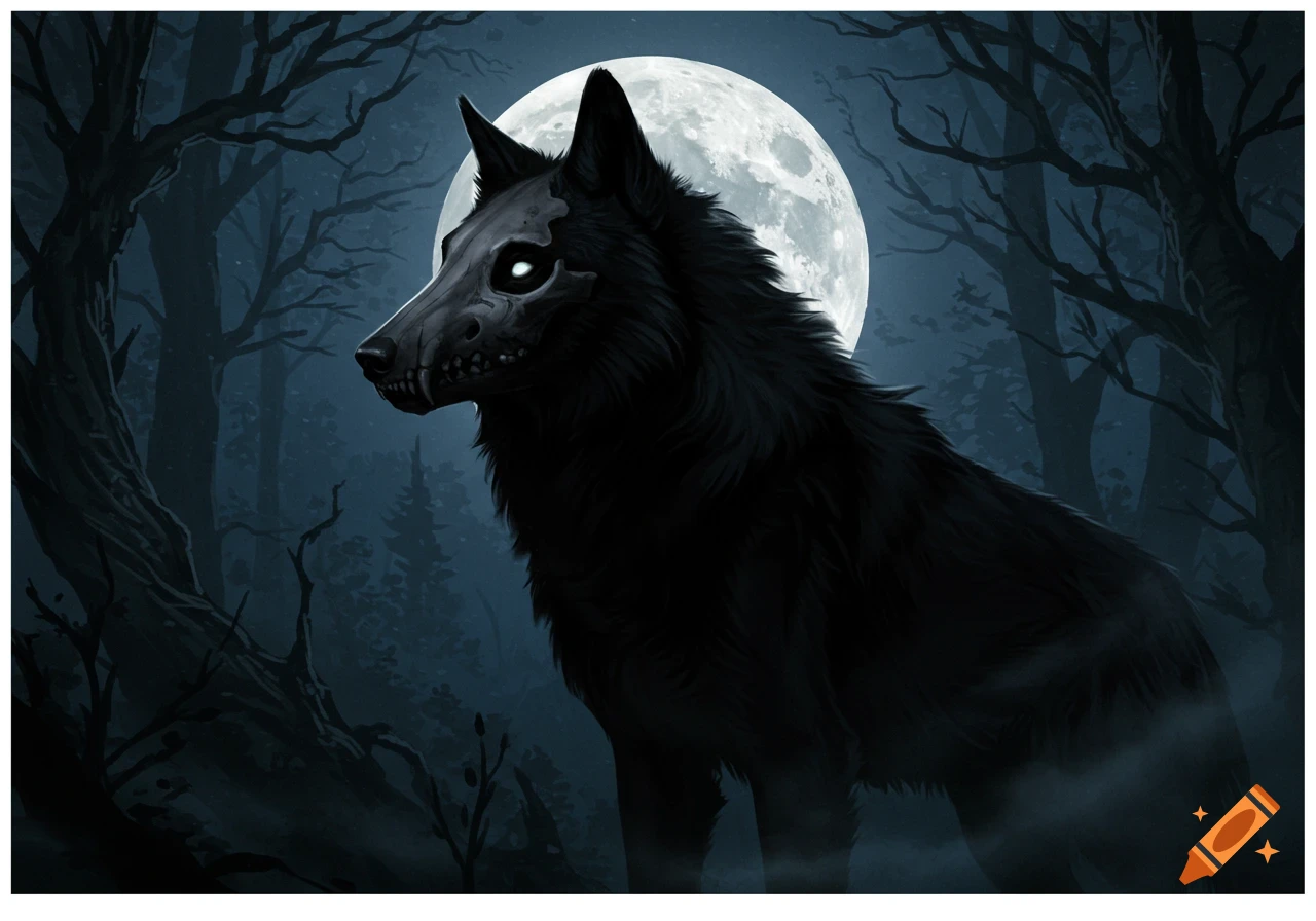 A black skull wolf with glowing eyes stands in a dark forest under a full moon, in a dark fantasy style.