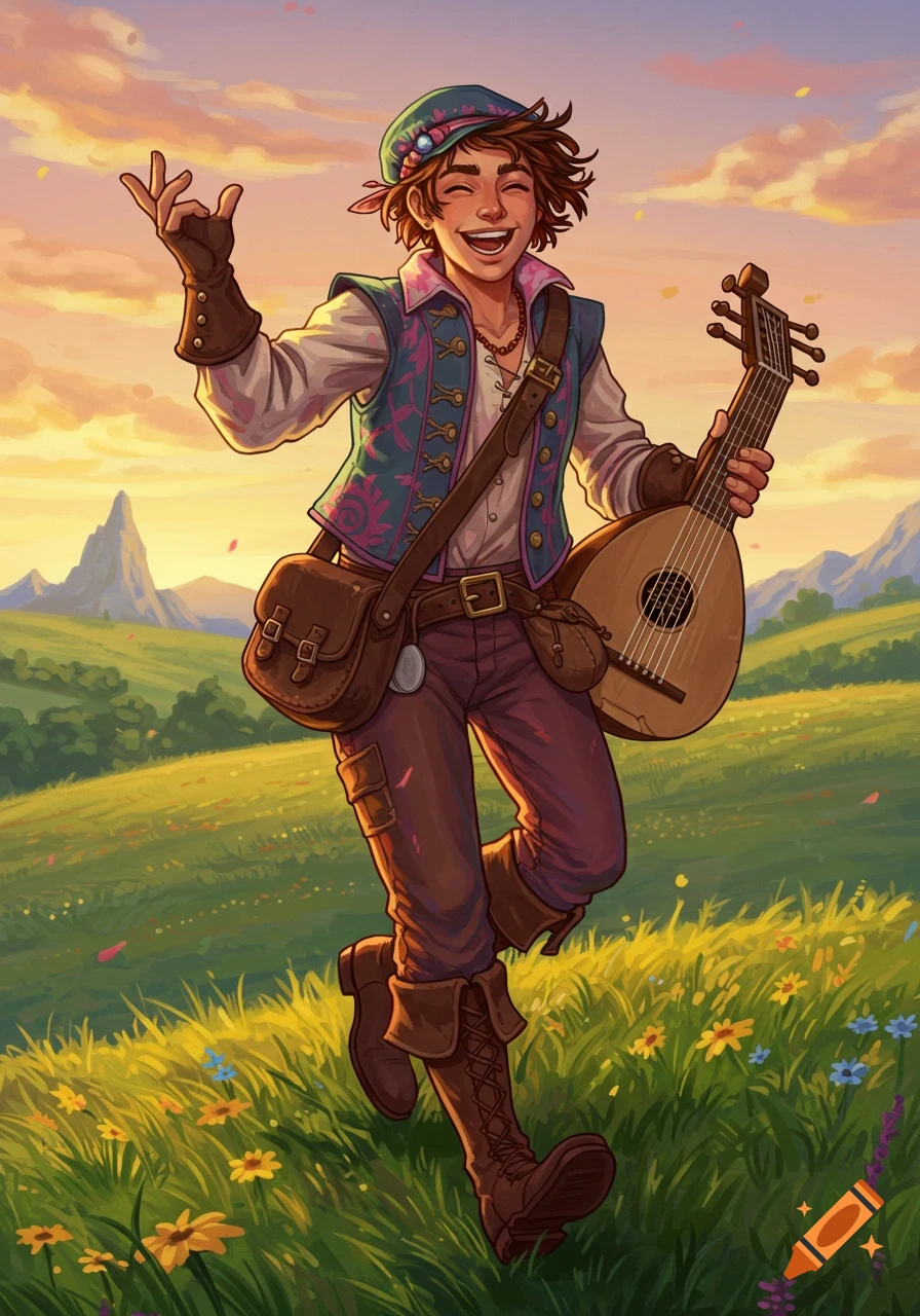 A joyful human bard with a lute skips through a colorful, grassy field at sunset, laughing.