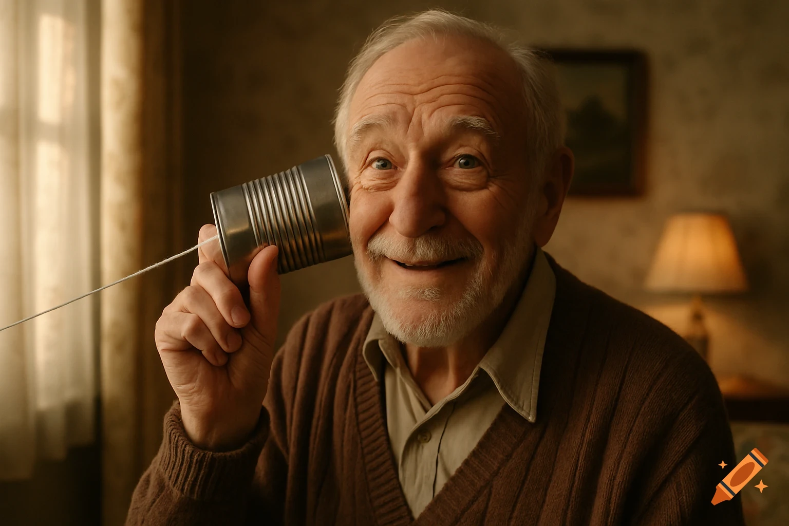 A smiling elderly man with a white beard holds a tin can to his ear, listening through a string in a photorealistic close-up.