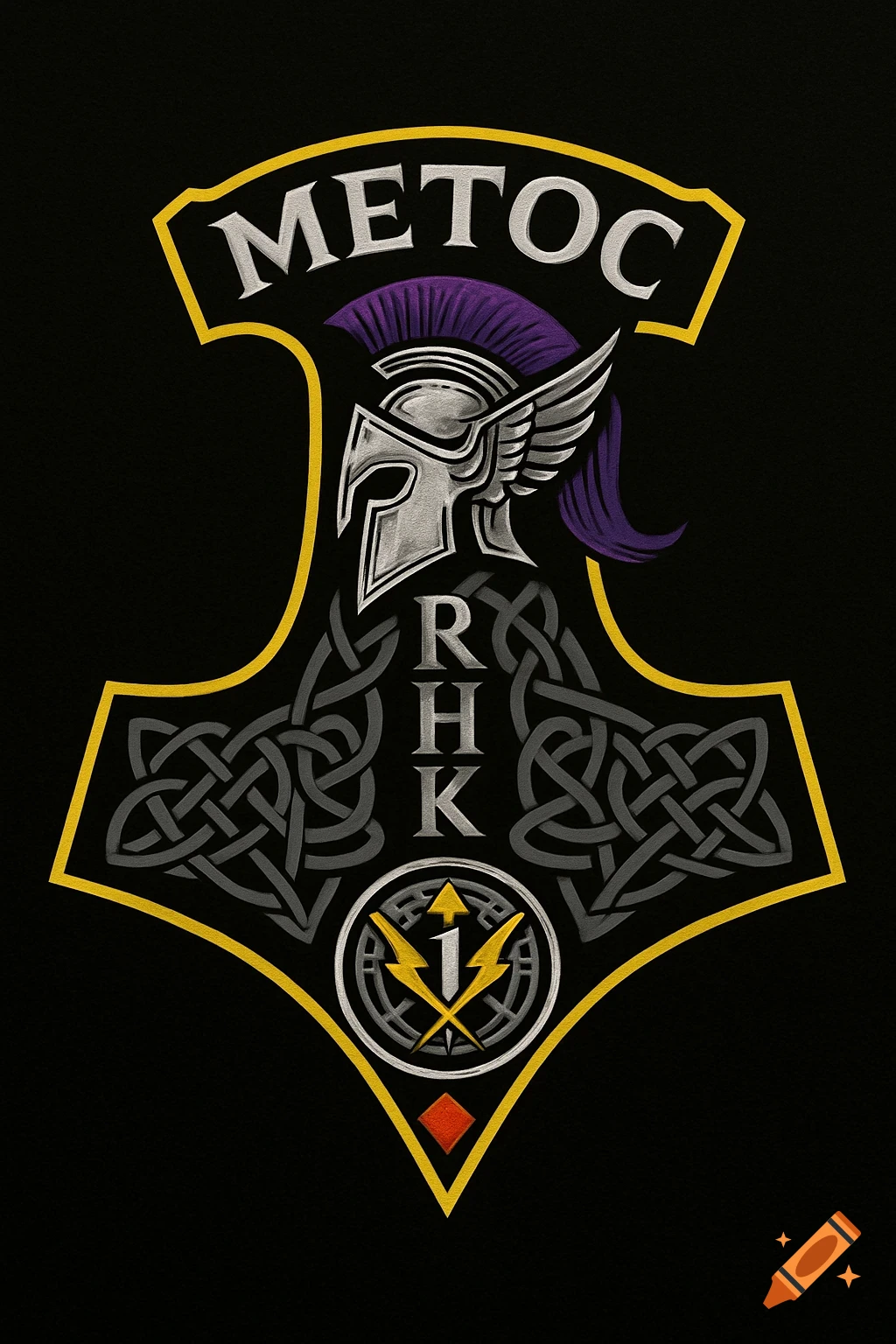 A black Mjolnir's hammer logo with a yellow outline. It features a silver winged Spartan helmet with a purple plume, Celtic knots, 'METOC', 'RHK', a '1' in a globe with lightning bolts, and a red jewel.