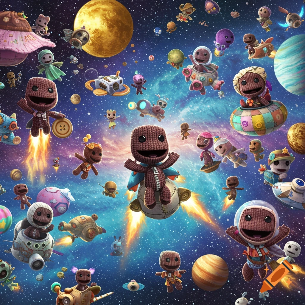 Many Sackboy characters from LittleBigPlanet fly on rockets and in spaceships through a vibrant, starry cosmos with planets.