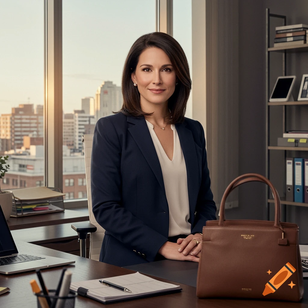A photorealistic portrait of a woman in a dark suit and white blouse sitting at an office desk with a brown handbag and laptop.