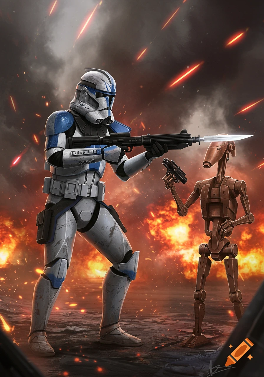 A clone trooper with blue markings points a rifle with a vibrobayonet at a battle droid amidst explosions on a battlefield.