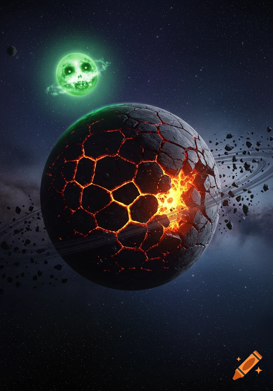 A shattered, fiery planet with glowing lava cracks and a bright green moon shaped like a skull, set against a star-filled space background.