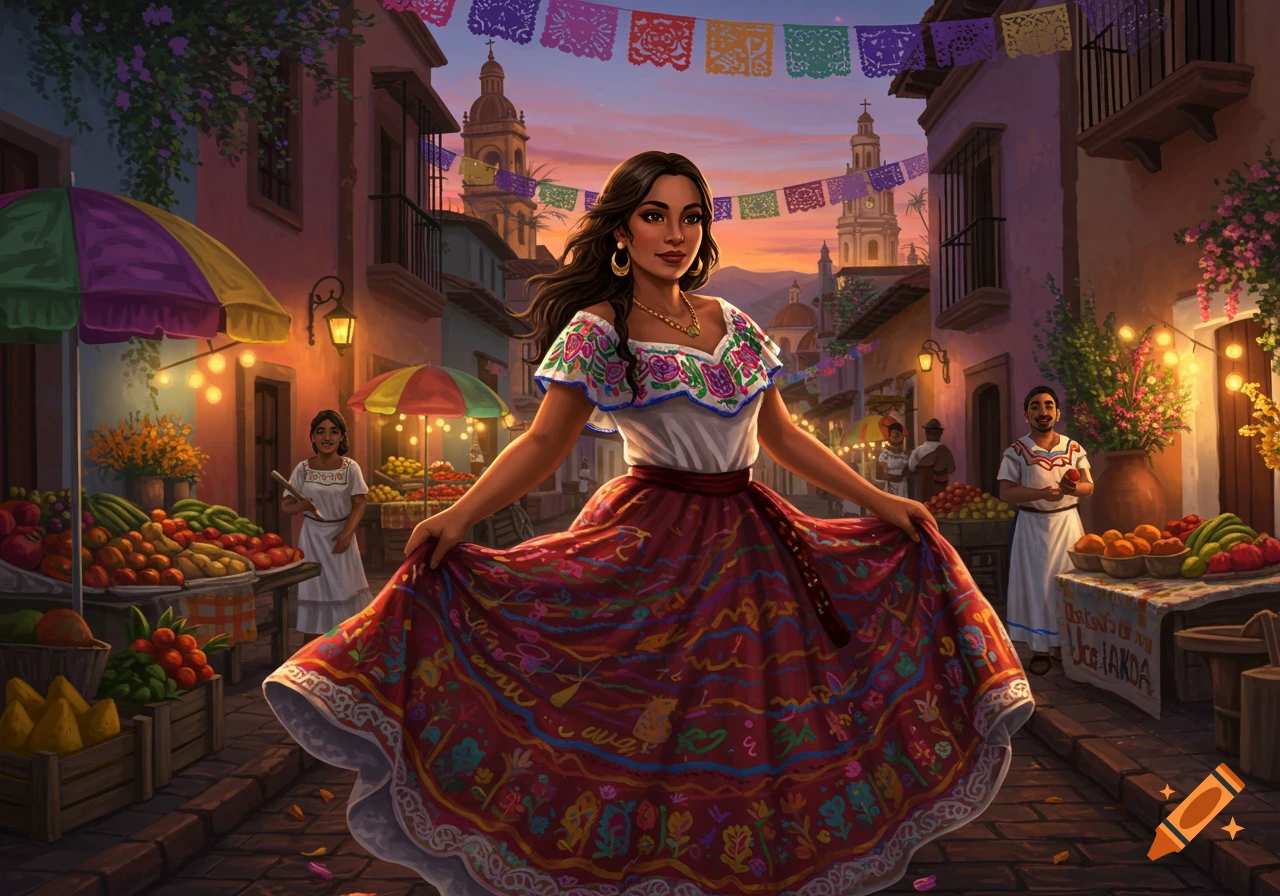 A Latina woman in a colorful traditional dress poses on a vibrant market street with fruit stalls, buildings, and banners at sunset, digital art.