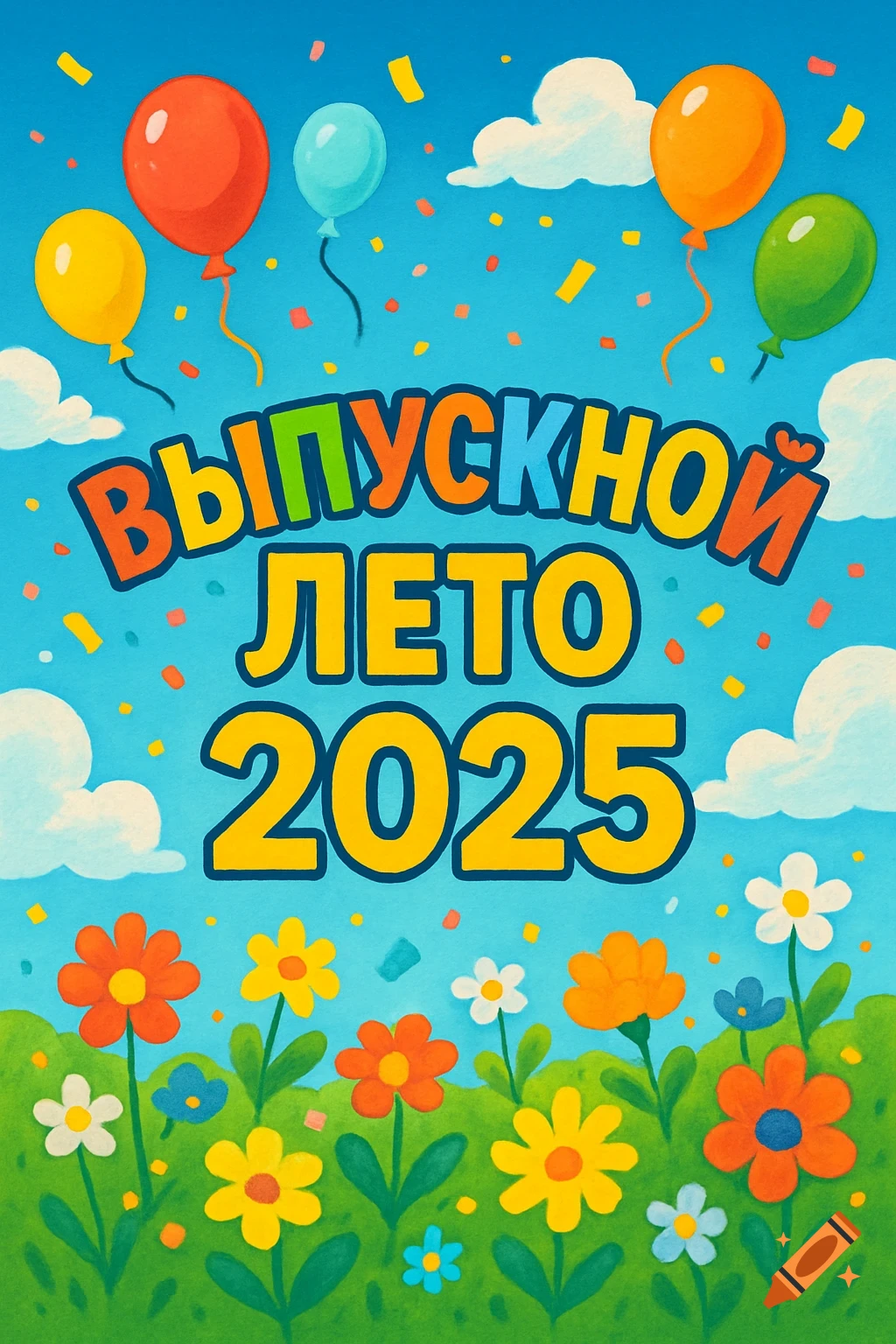 Cartoon illustration of a festive summer graduation background with balloons, confetti, flowers, and the text 'ВЫПУСКНОЙ ЛЕТО 2025'.