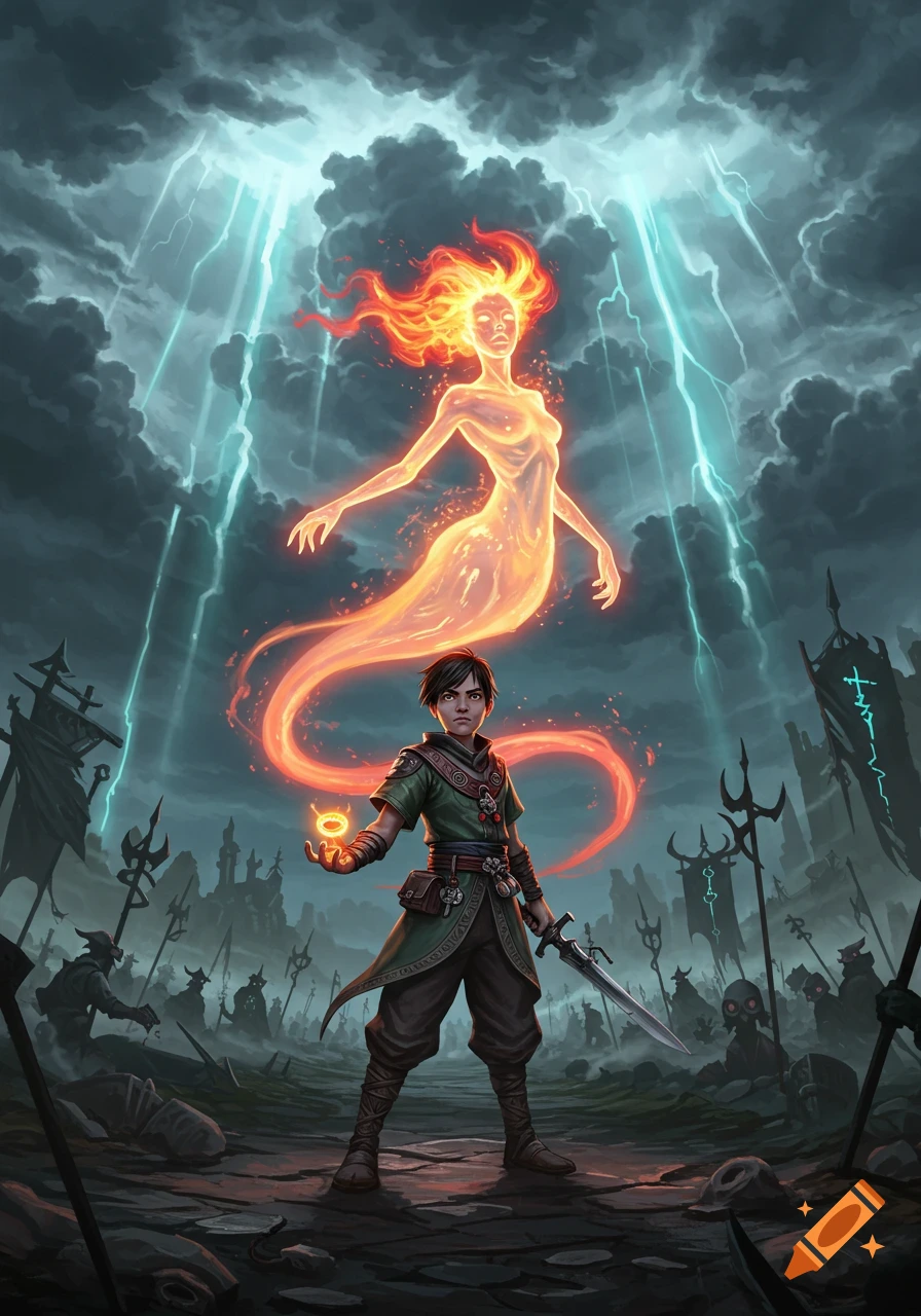 A young warrior with a glowing ring stands on a dark battlefield as a fiery spirit rises behind them under a stormy, lightning-filled sky.