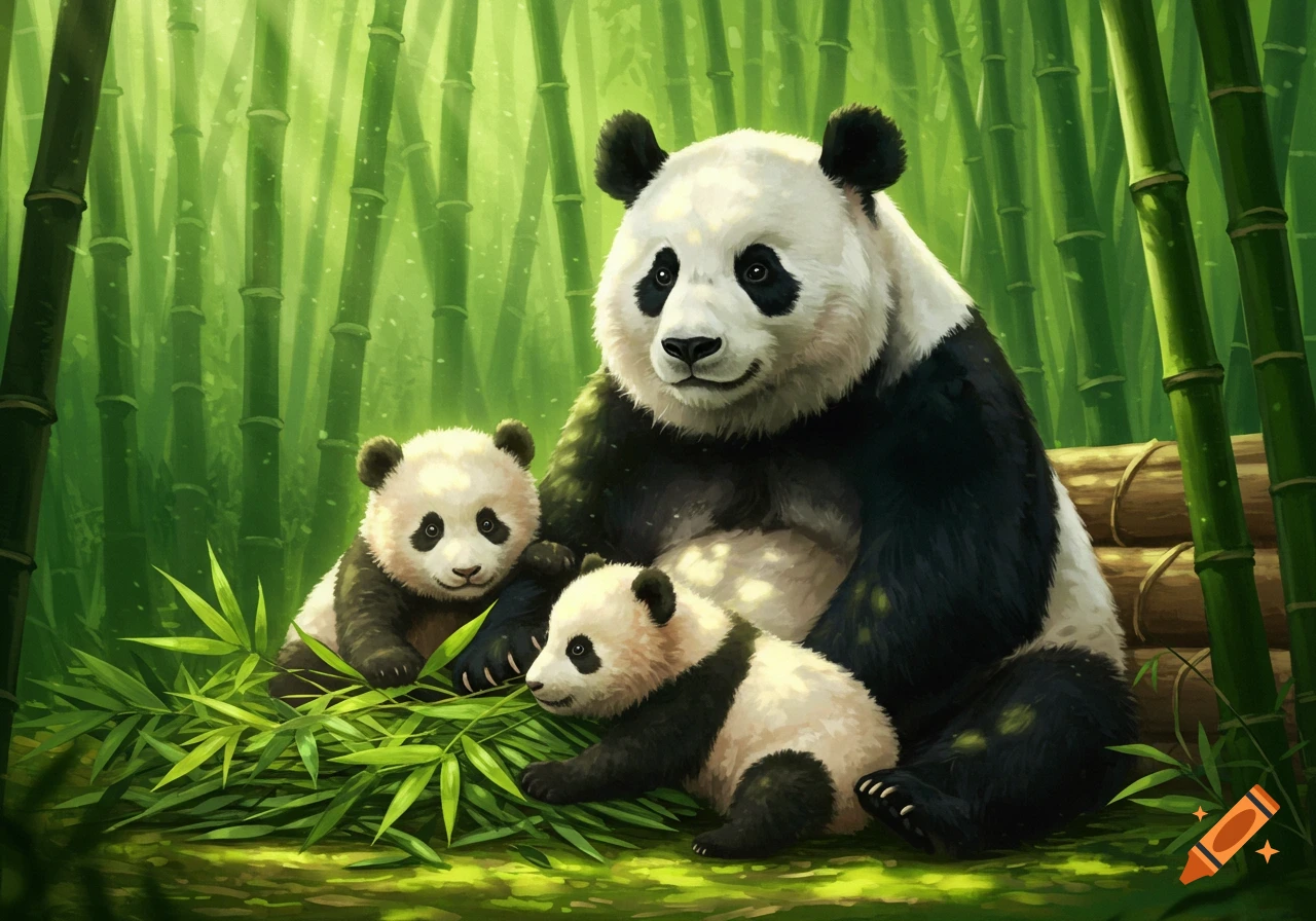 A large panda sits surrounded by two small baby pandas in a lush green bamboo forest in a painterly style.