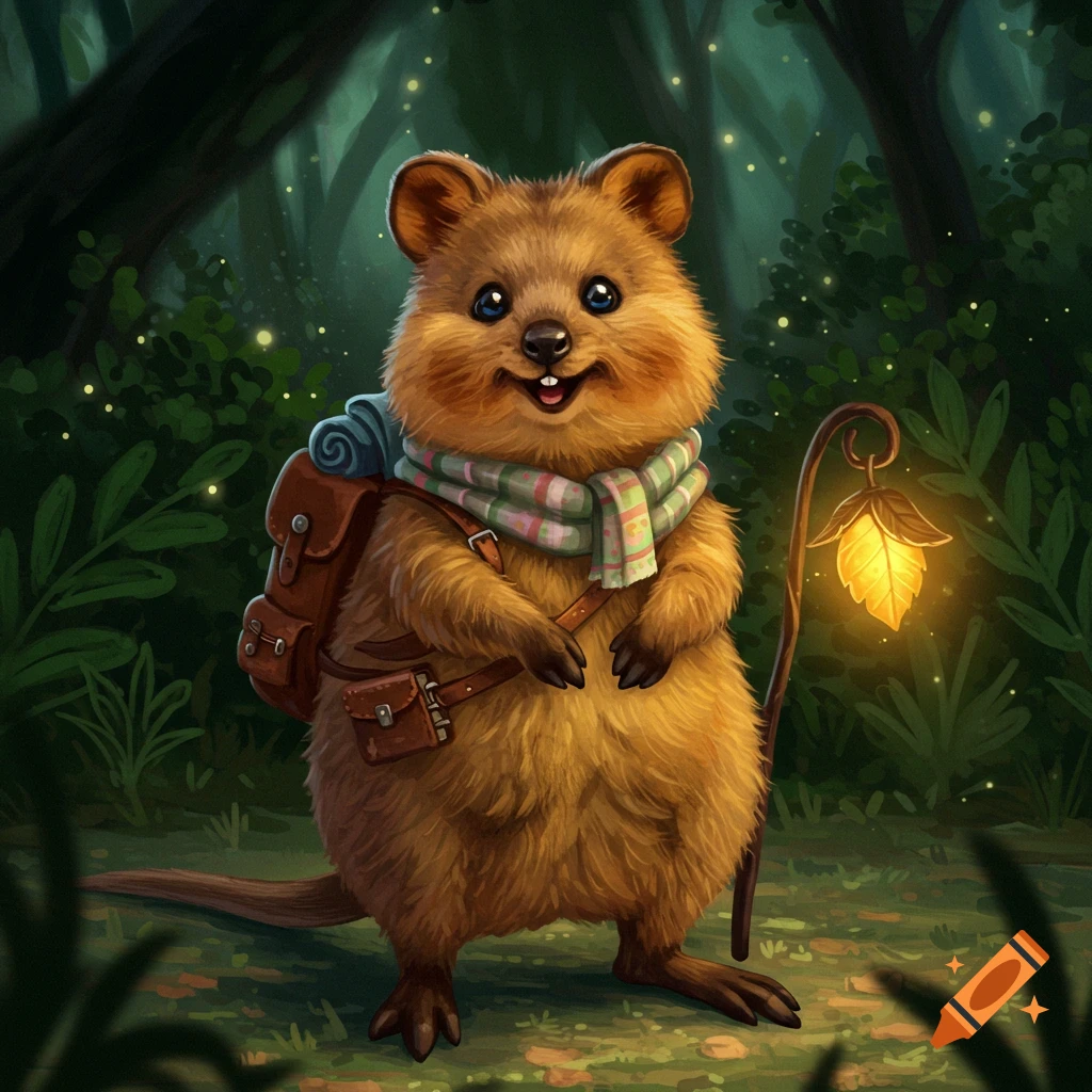 A cute, furry quokka wearing a scarf and backpack, holding a glowing leaf lantern in a dark forest at night.