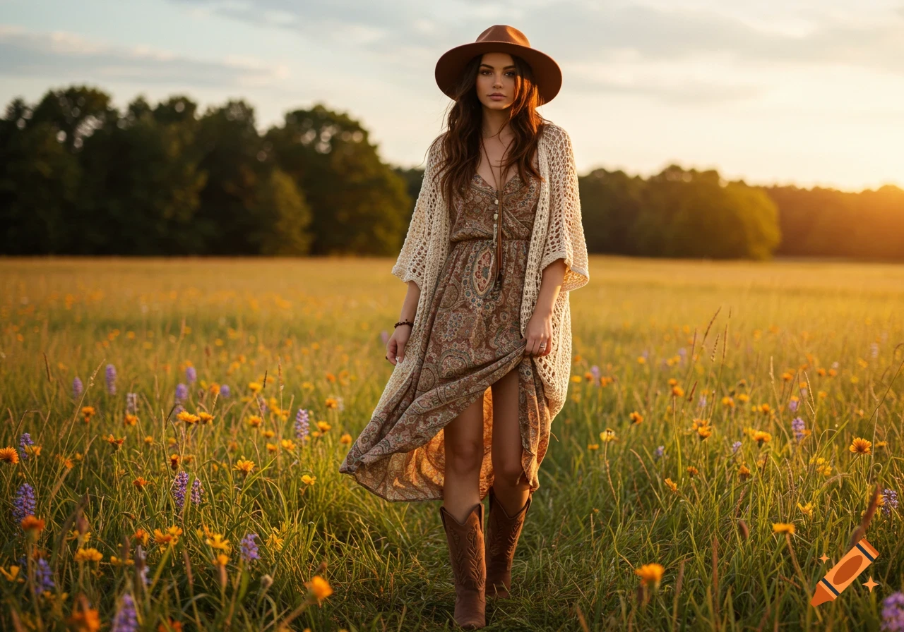 A woman in a brown hat, cream cardigan, and patterned boho dress walking through a field of wildflowers at sunset.