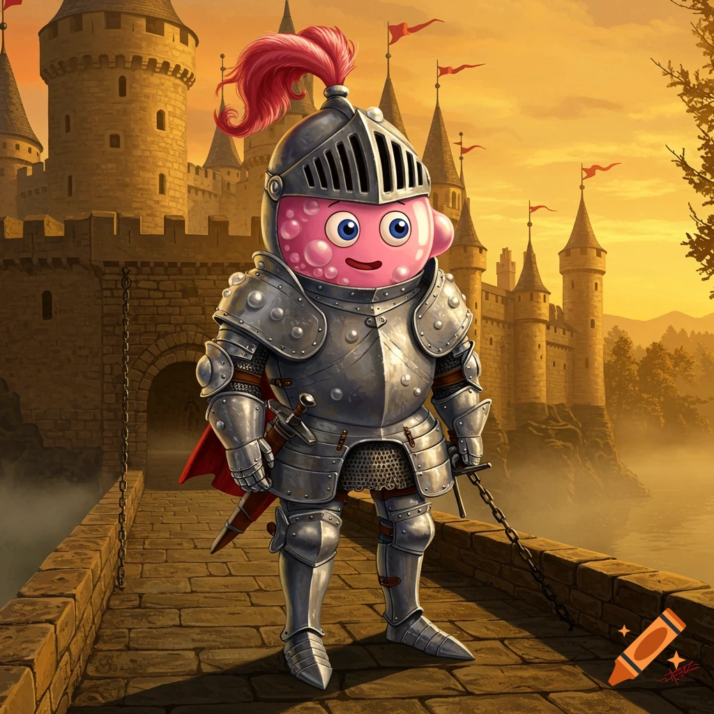 A pink, bubble-like character in shiny medieval plate armor stands on a stone bridge leading to a large castle at sunset.
