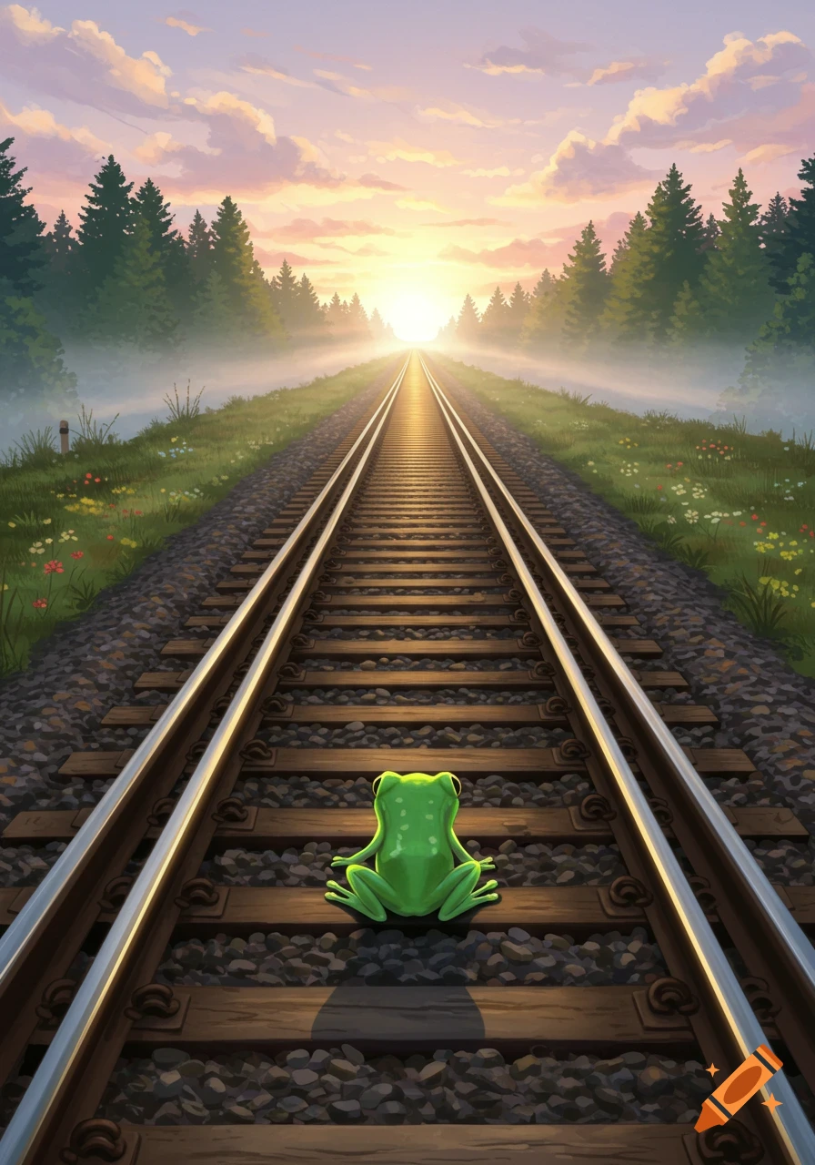 A bright green frog sits on train tracks, looking down the long railway line into a vibrant sunset over a misty forest.