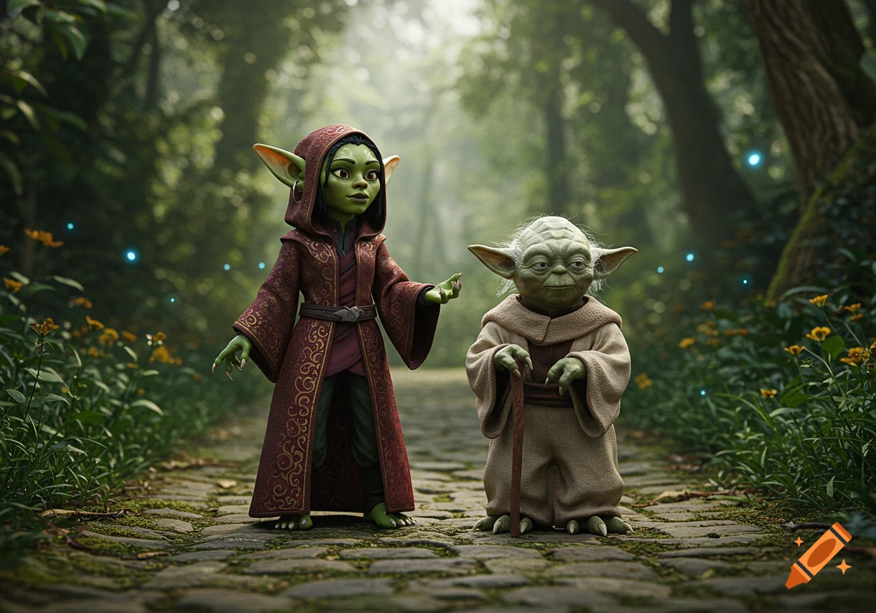 A female goblin-like sorcerer in a maroon robe and Yoda with a walking stick stand on a stone path in a mystical forest.