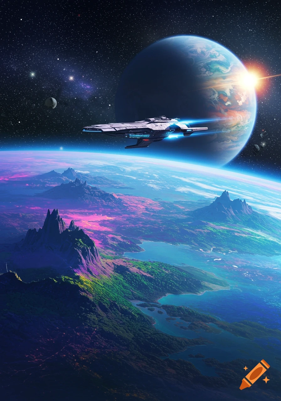 A sleek spaceship orbits a vibrant, colorful alien planet with mountains and water under a starry sky.