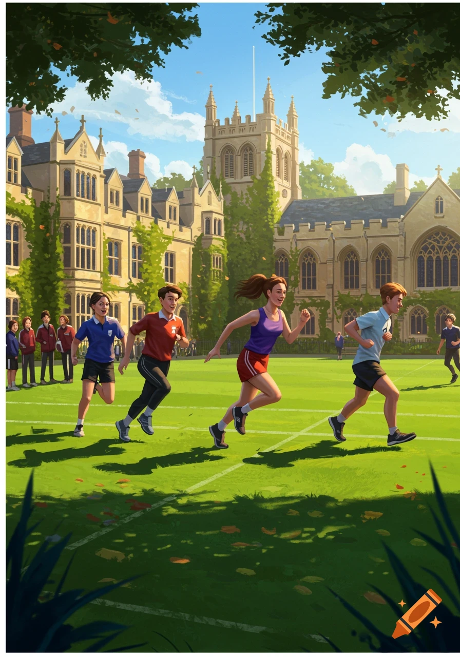 Illustrated image of students running a race on a green field in front of a grand, ivy-covered college building.