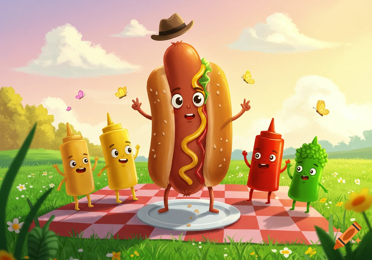 A cheerful cartoon hot dog and condiment bottles having a picnic on a red and white checkered blanket in a sunny grassy field with butterflies.