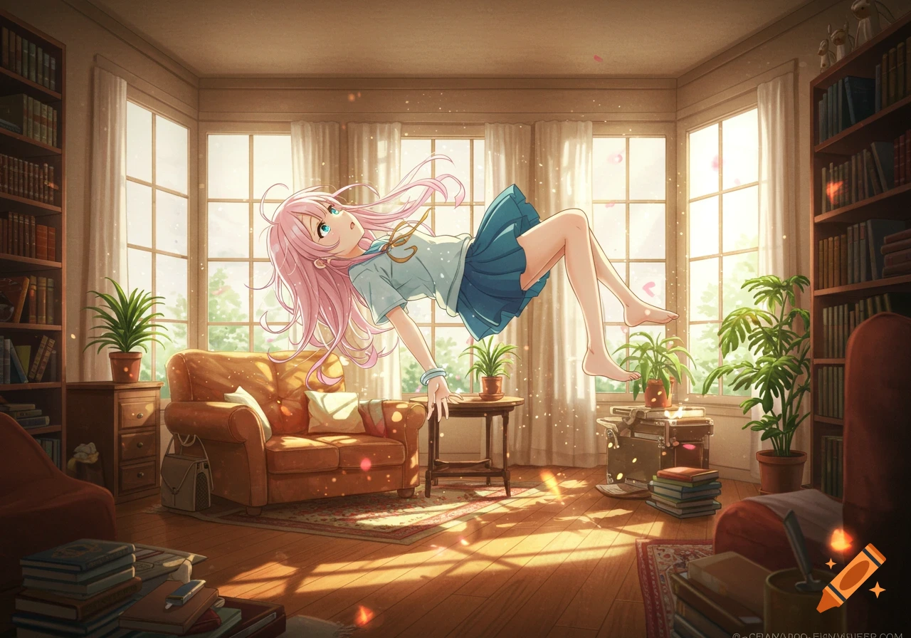 An anime girl with pink hair and blue eyes floats in a sunlit room filled with bookshelves, a sofa, and plants, looking up in wonder.