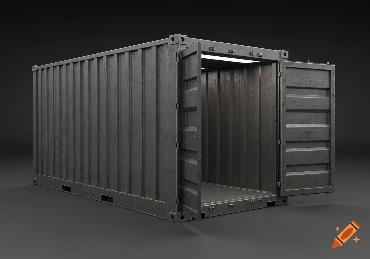 Photorealistic dark gray metal shipping container with its back doors fully open, revealing the empty interior.