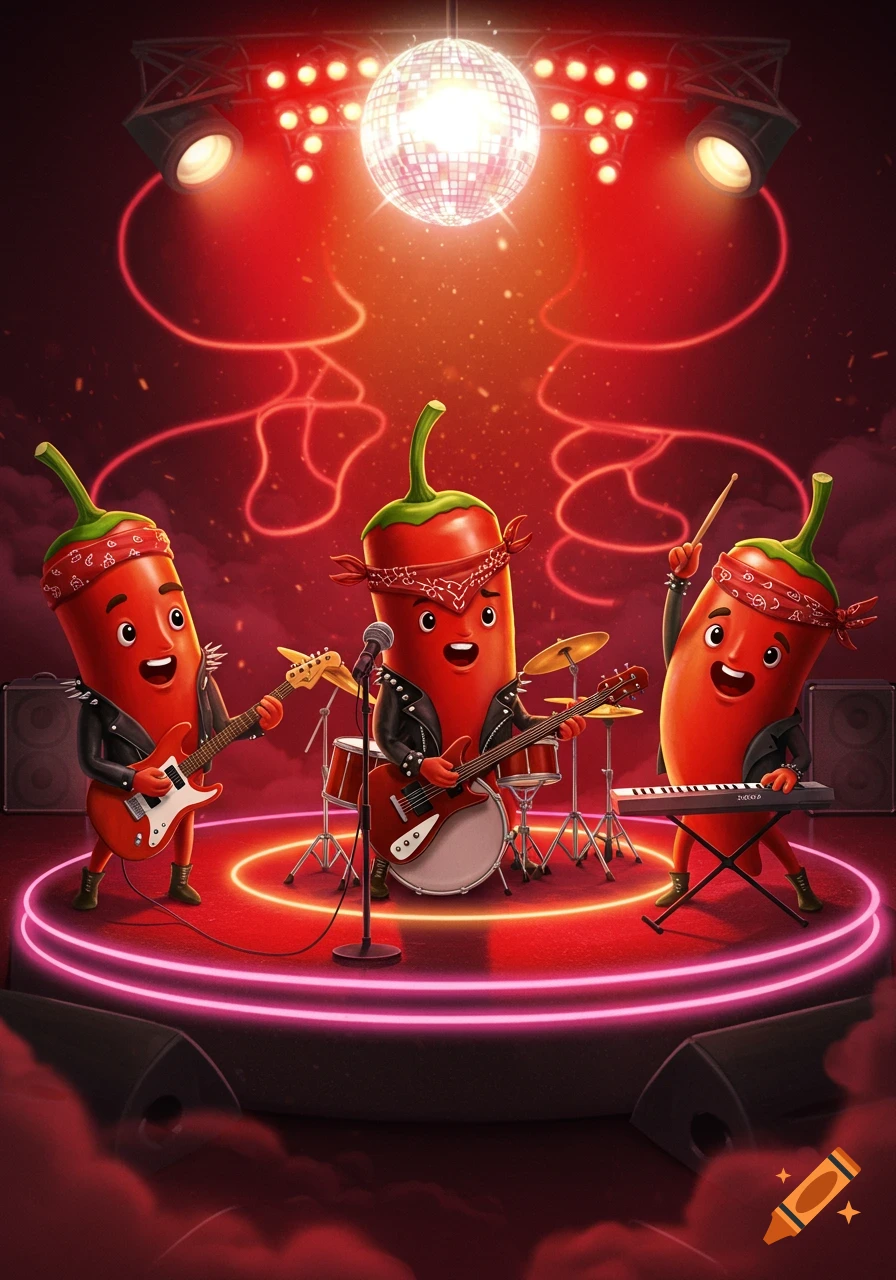 Three cartoon chili peppers in a rock band performing on stage under a disco ball with red and pink neon lights.