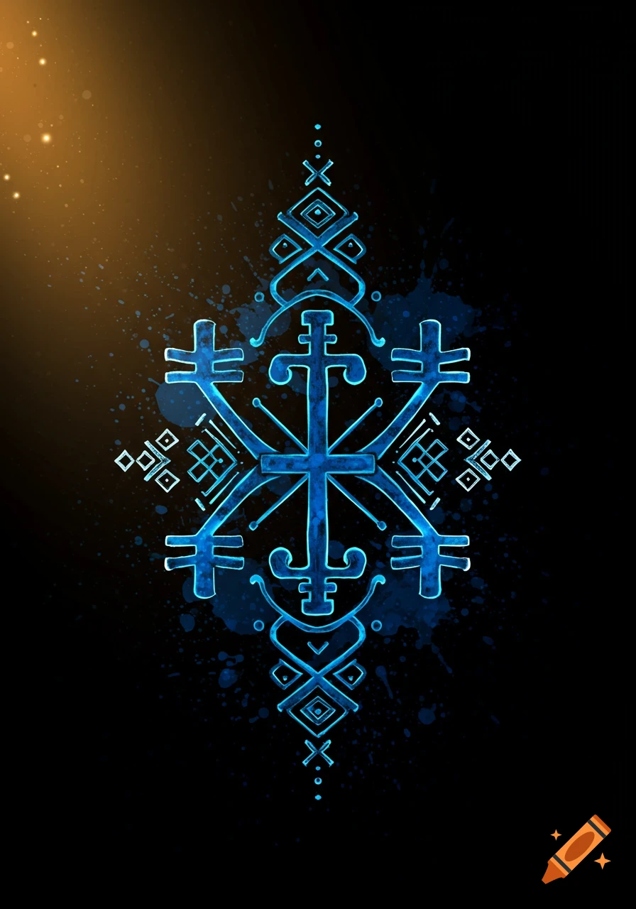 A glowing blue abstract symbol with intricate patterns, resembling a cross or snowflake, against a dark background with a golden light emanating from the upper left.