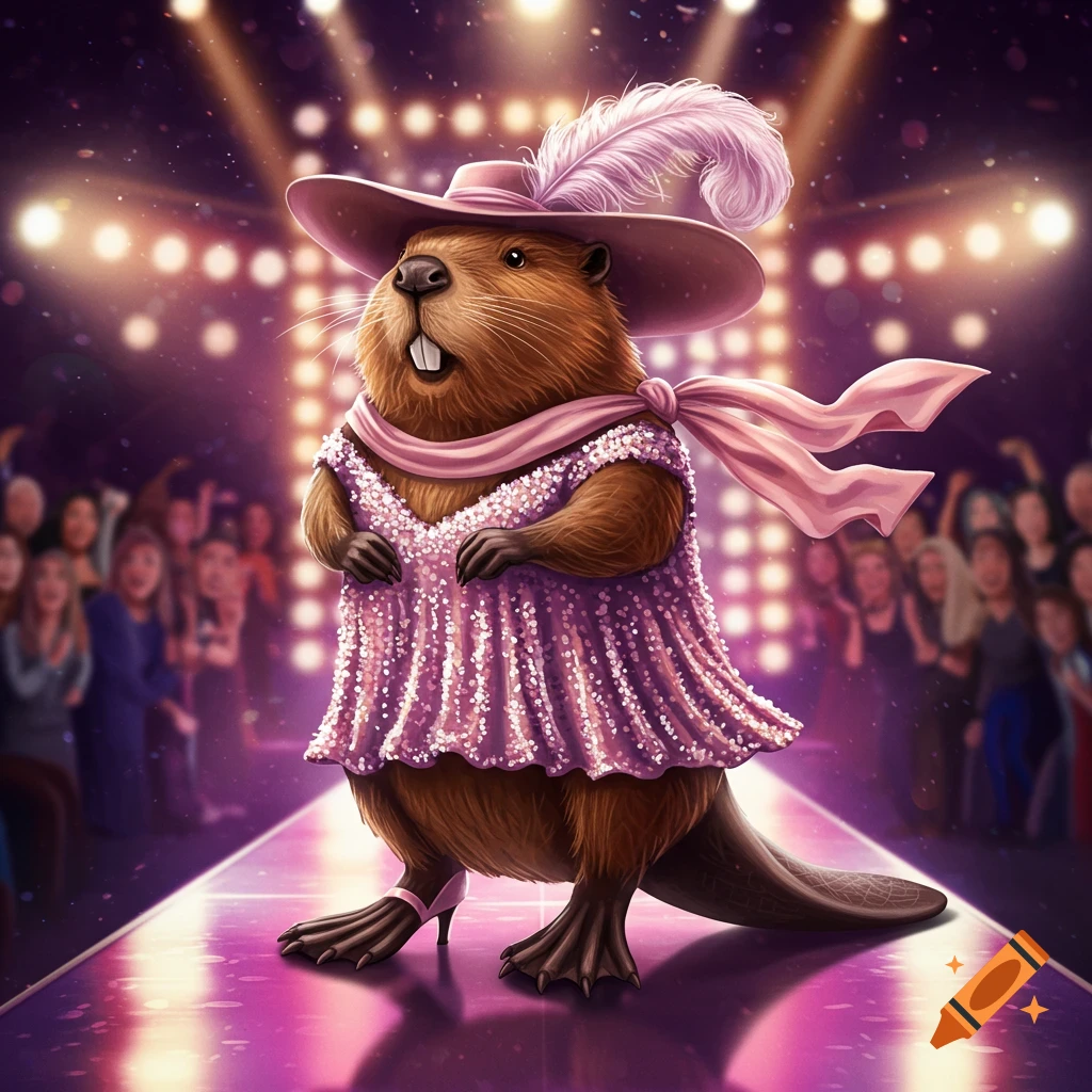 A cartoon beaver walks on a purple catwalk, wearing a sparkly pink dress, a pink hat with a feather, and a pink scarf.